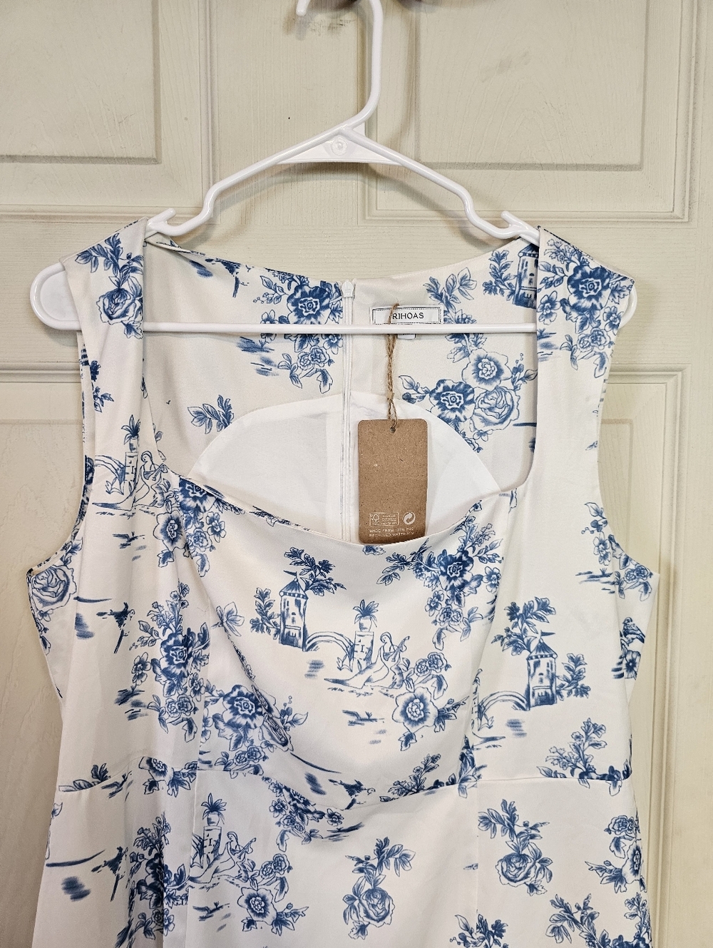 RIHOAS Square Neck Porcelain Design Floral Ruffle Trim Midi Dress - Picture 8 of 10